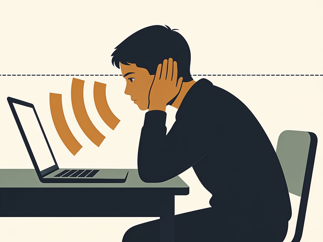 Flat illustration: a student leans in close to a quiet laptop, one hand cupped behind an ear, amber sound arcs coming from the screen.